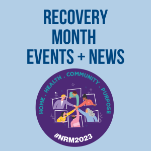 Blue graphic with header, 'Recovery Month Events and News' with graphic from SAMSHA