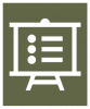 A white icon showing an easel with a document on it with a dark green colored background.