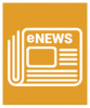 A white icon showing a newspaper with the word "eNews" on it on an orange background square.