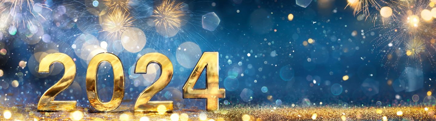 blue background with gold circles and firework and 2024
